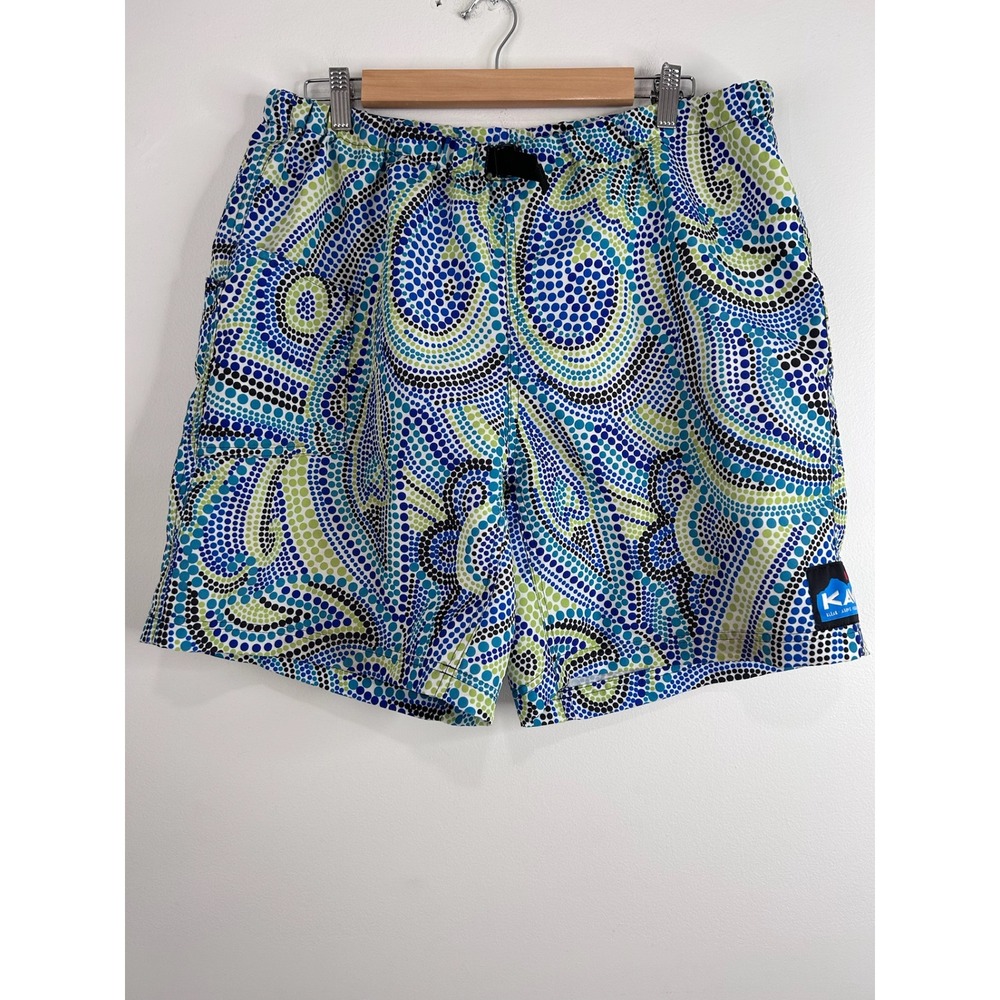 Kavu Big Eddy Shorts Mens Blue Green Dotted Paisley Nylon Hiking Belted Sz Large
